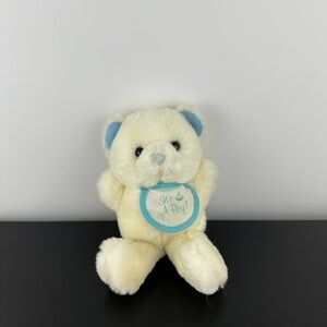 Russ Baby Rare It’s A Boy White Cream Blue Teddy Bear 7” #7690 Plush Bib Rattle